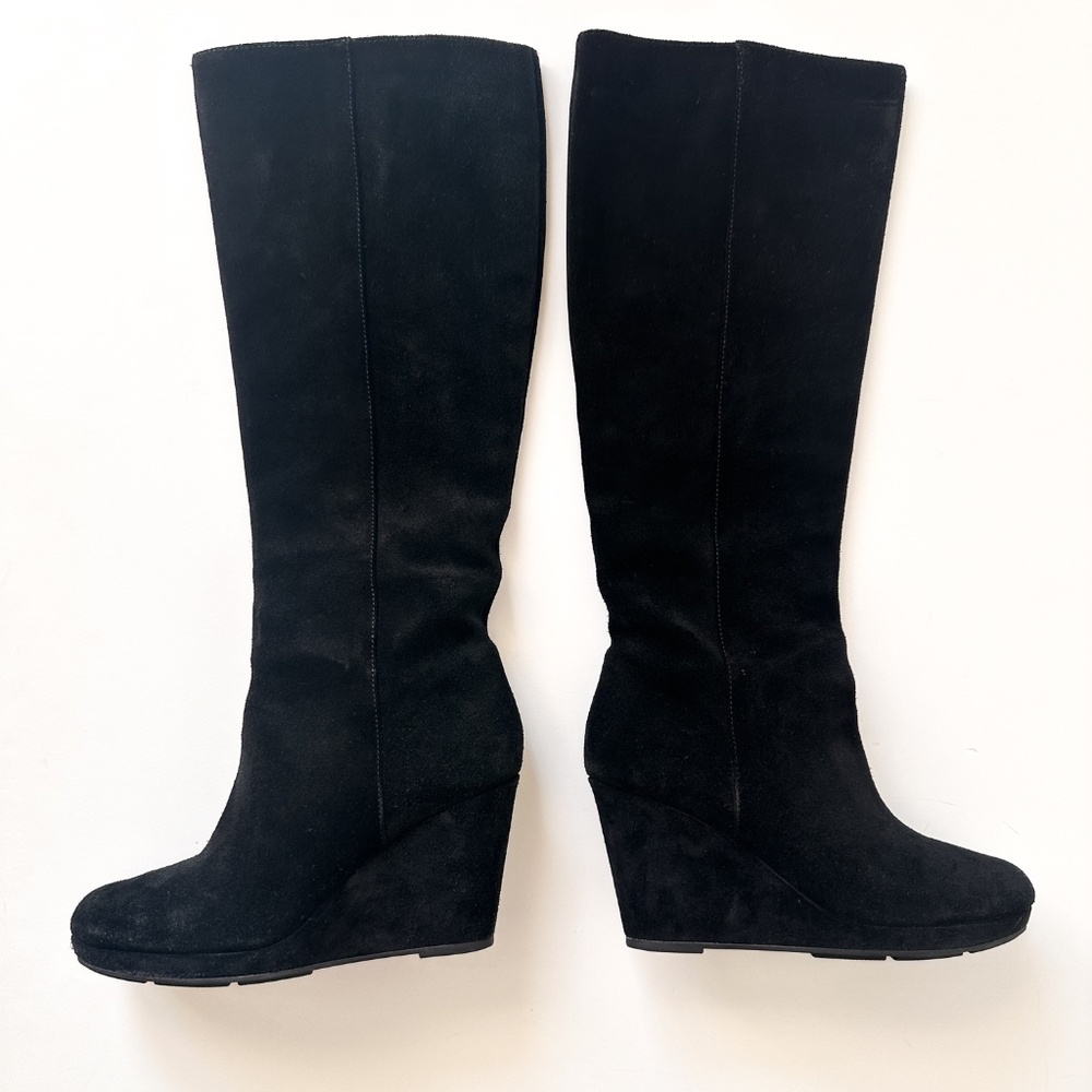 Via Spiga Black Genuine Suede Zip up tall wedge boots Size 8 (EU 38) -